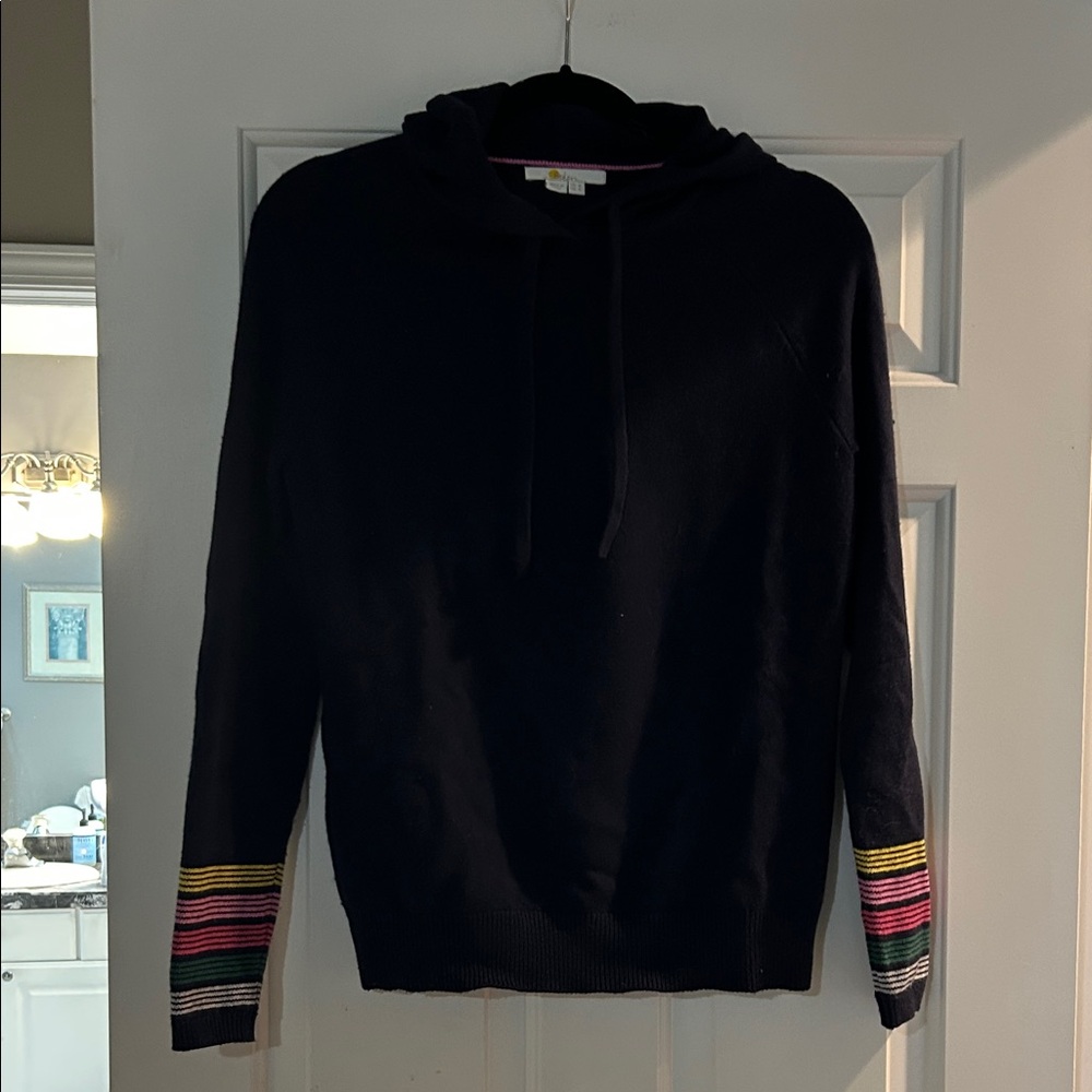 Boden Navy Sweater with Multicolor Striped Sleeves